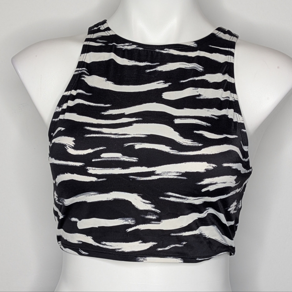 Beach Betty Black White Zip Back Swim Top S